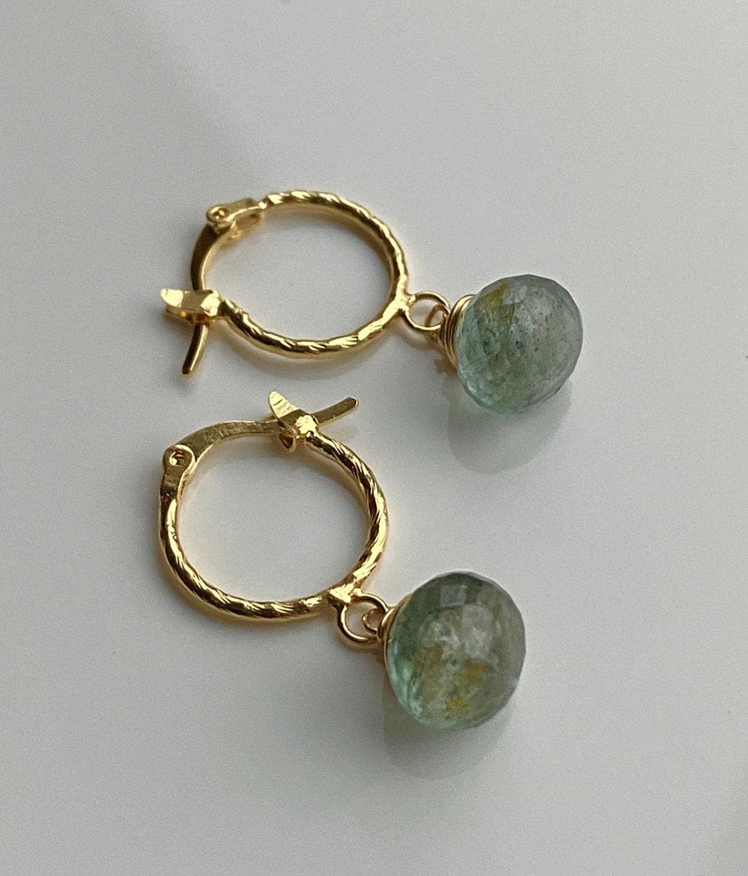 Moss Aquamarine Textured Hoop Earrings, March Birthstone Earrings
