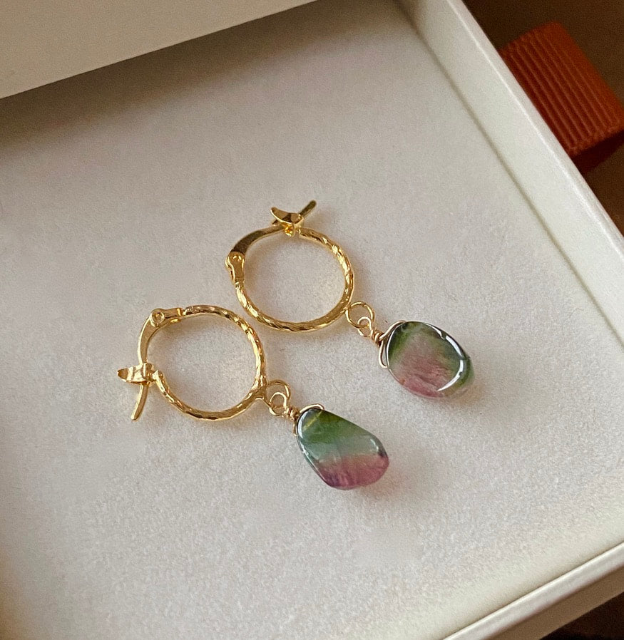 Raw Watermelon Bi-color Tourmaline Slice and Textured Hoop Earrings, Pink Green Blue Tourmaline Earrings, October Birthstone Earrings