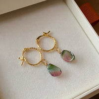 Raw Watermelon Bi-color Tourmaline Slice and Textured Hoop Earrings, Pink Green Blue Tourmaline Earrings, October Birthstone Earrings