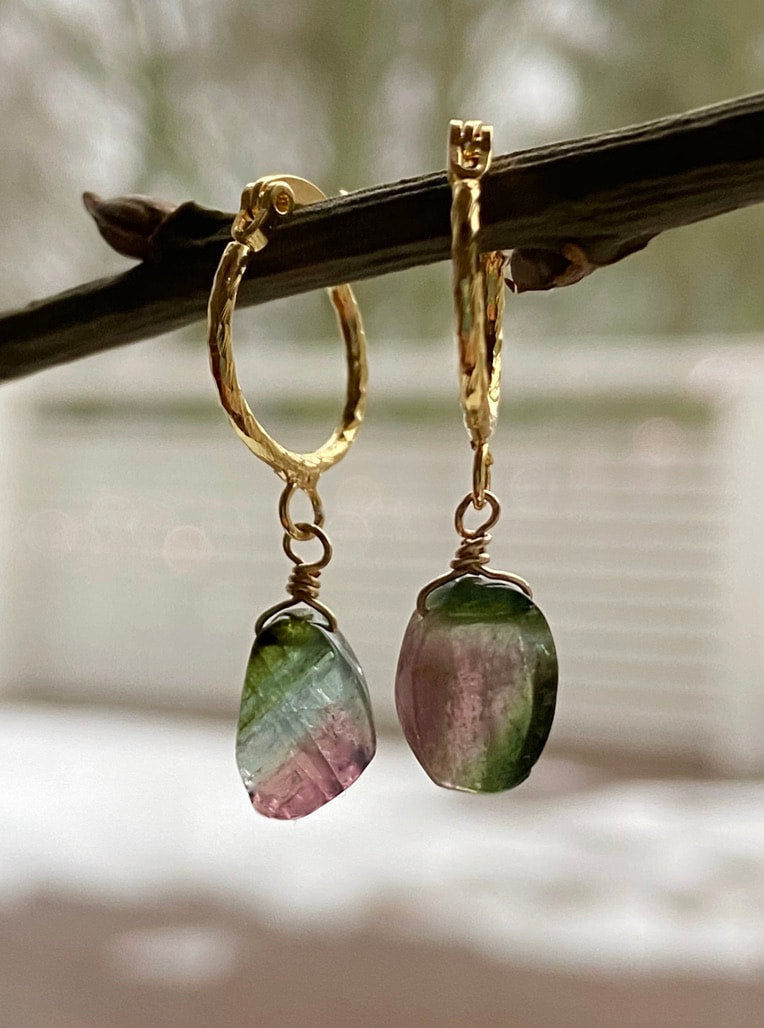 Raw Watermelon Bi-color Tourmaline Slice and Textured Hoop Earrings, Pink Green Blue Tourmaline Earrings, October Birthstone Earrings