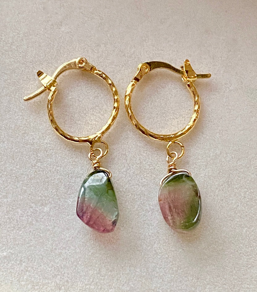 Raw Watermelon Bi-color Tourmaline Slice and Textured Hoop Earrings, Pink Green Blue Tourmaline Earrings, October Birthstone Earrings