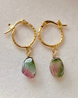 Raw Watermelon Bi-color Tourmaline Slice and Textured Hoop Earrings, Pink Green Blue Tourmaline Earrings, October Birthstone Earrings