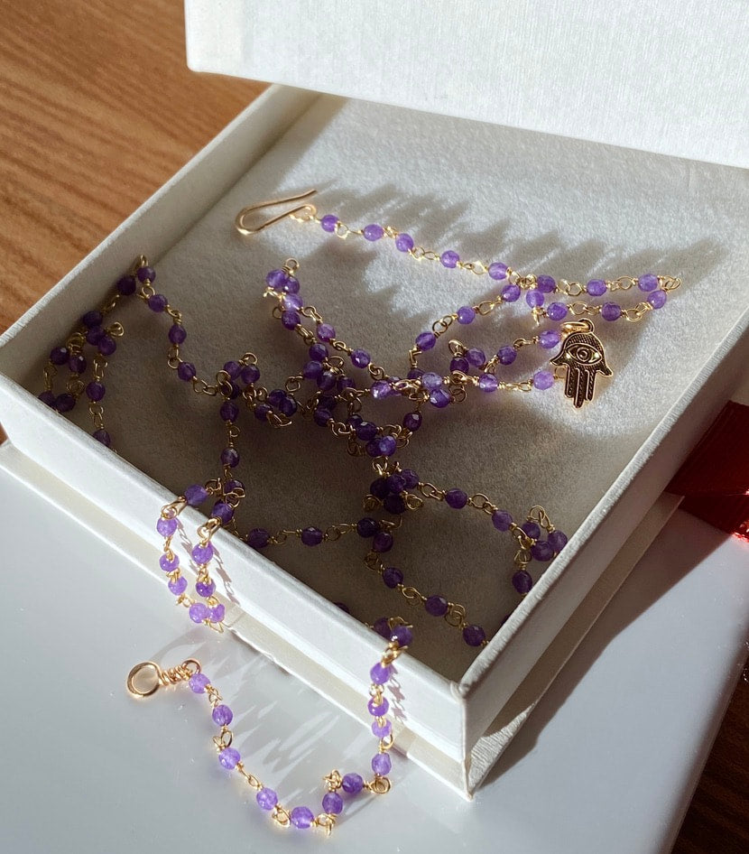 Long Purple Amethyst Rosary Necklace with Hamsa talisman charm