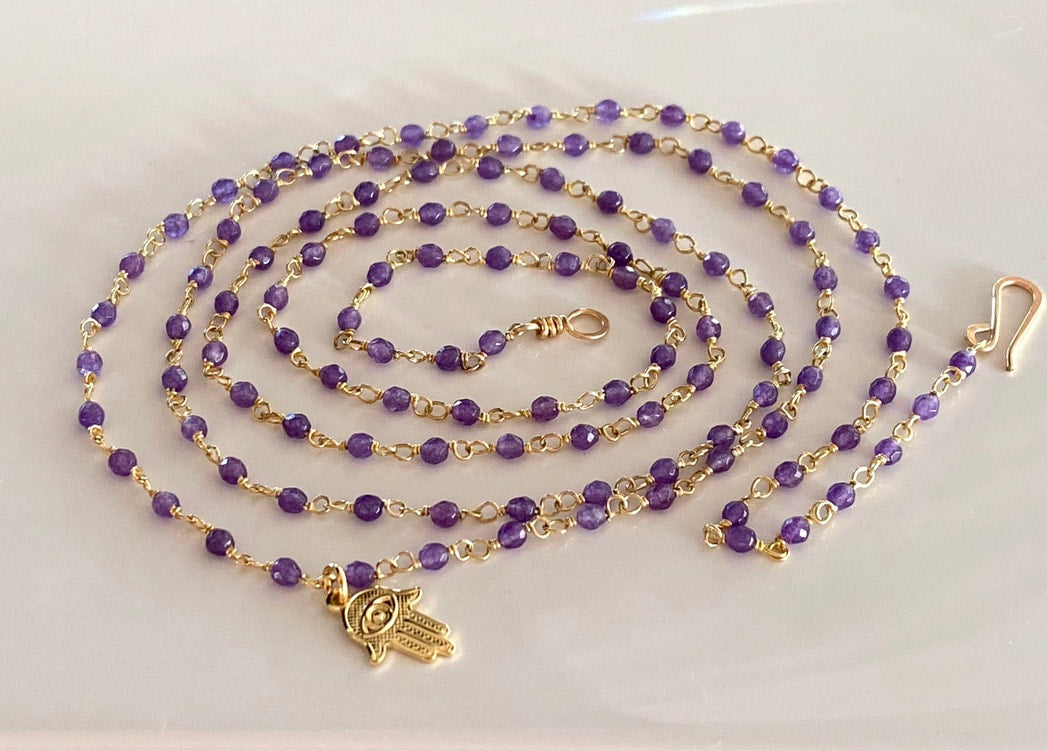 Long Purple Amethyst Rosary Necklace with Hamsa talisman charm