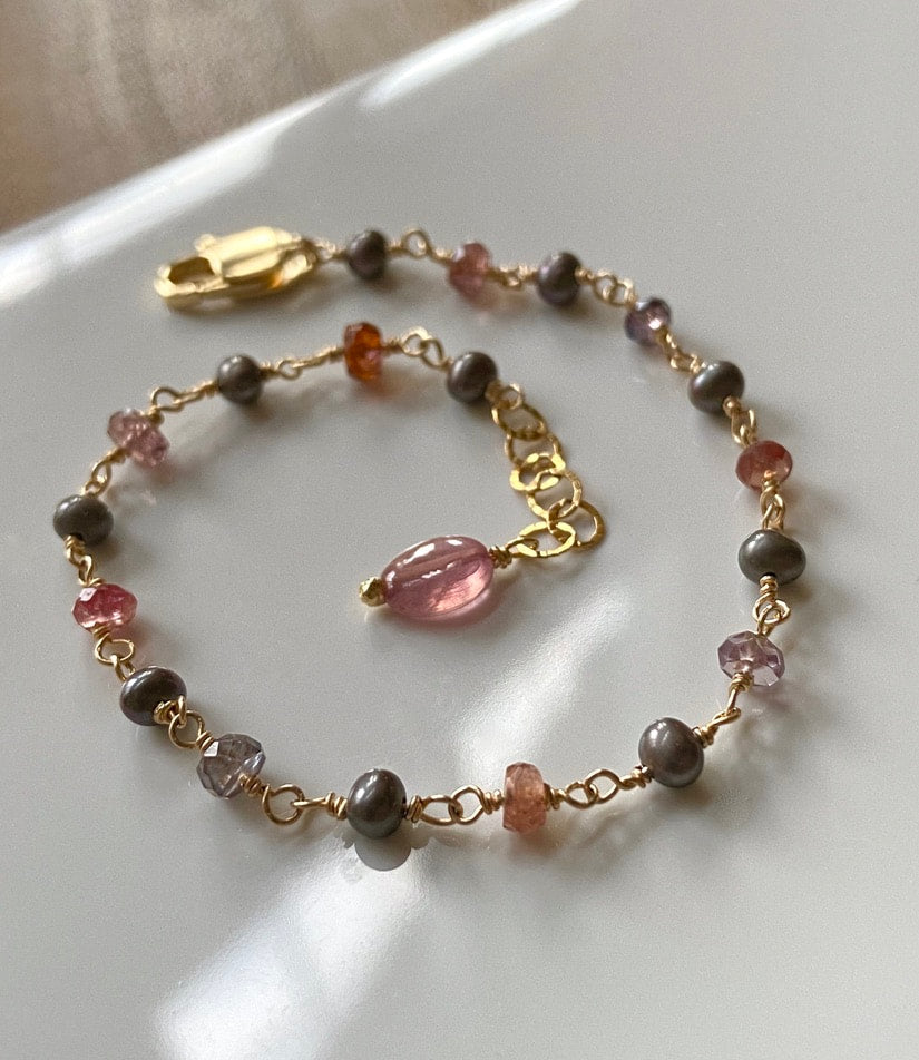 Multi Color Spinel, Mozambique Sapphire and Pearl Rosary Bracelet