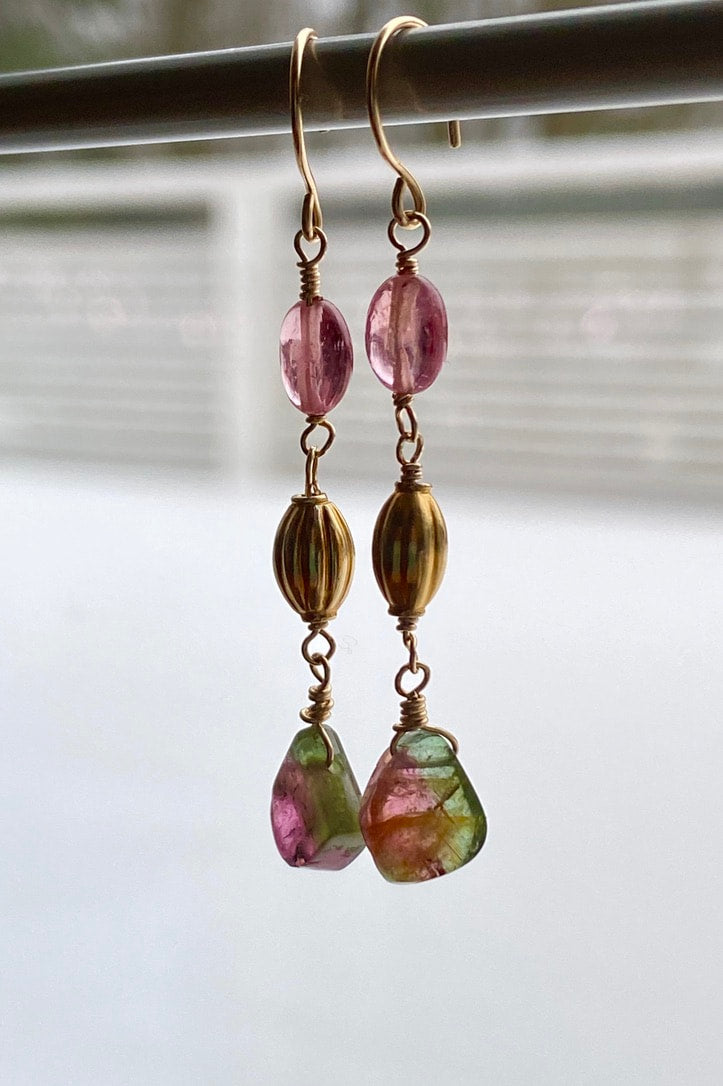Long Bicolor Watermelon Tourmaline and Pink Mozambique Sapphire Earrings