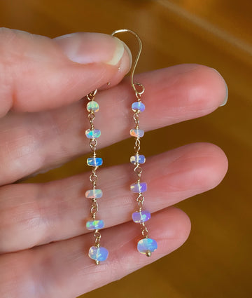 Ethiopian Opal Long Chain Earrings, October Birthstone Earrings