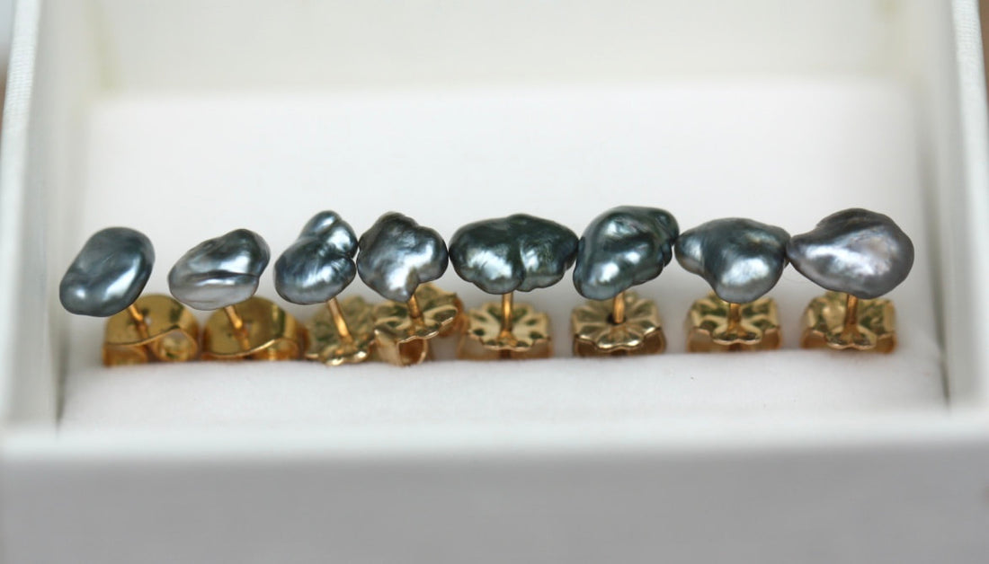 Tahitian Keshi Pearl Stud Earrings, Tahitian Grey Pearl Post Earrings, June Birthstone Earrings