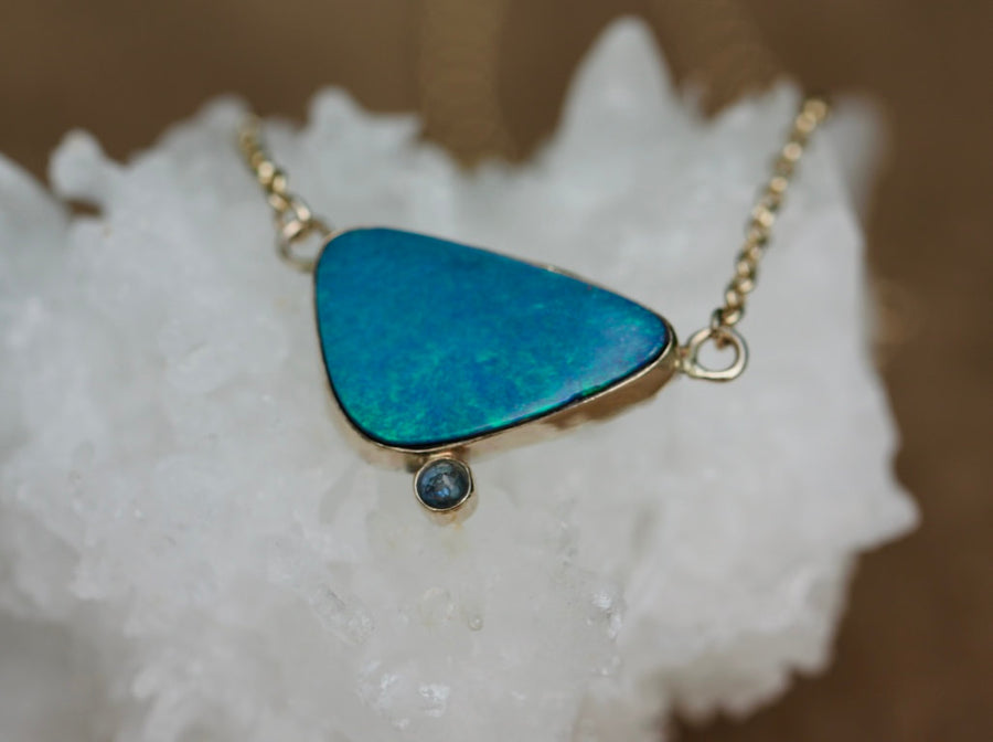 Australian Opal and Blue Sapphire Pendant Necklace, September and October Birthstone Necklace