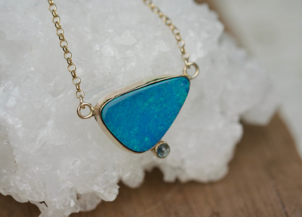 Australian Opal and Blue Sapphire Pendant Necklace, September and October Birthstone Necklace