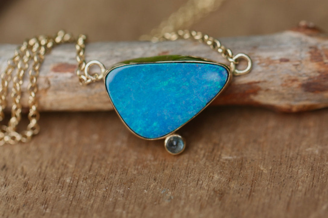 Australian Opal and Blue Sapphire Pendant Necklace, September and October Birthstone Necklace