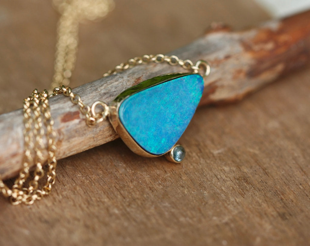 Australian Opal and Blue Sapphire Pendant Necklace, September and October Birthstone Necklace