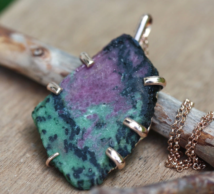 Raw Tanzanian Ruby in Zoisite Slice Pendant Necklace