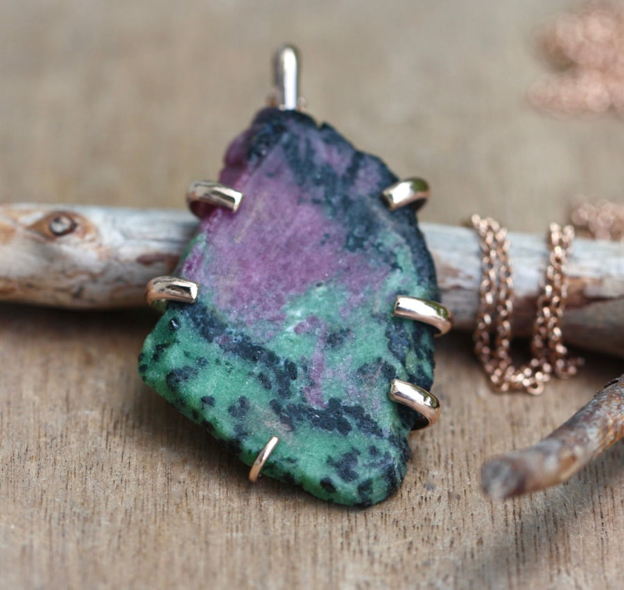 Raw Tanzanian Ruby in Zoisite Slice Pendant Necklace