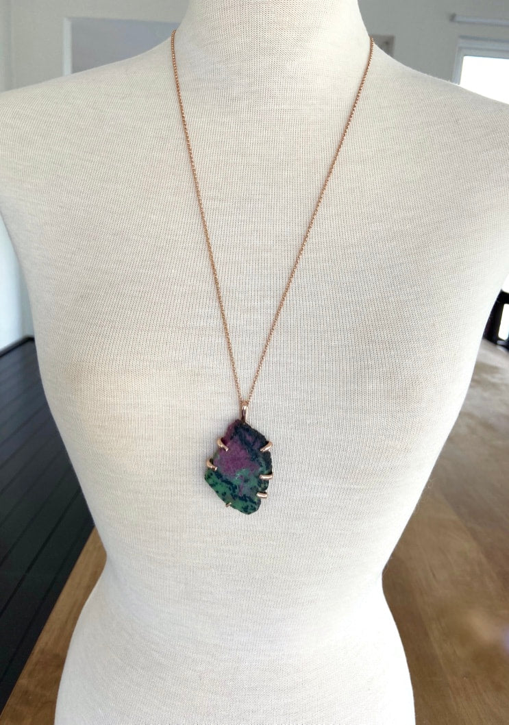 Raw Tanzanian Ruby in Zoisite Slice Pendant Necklace