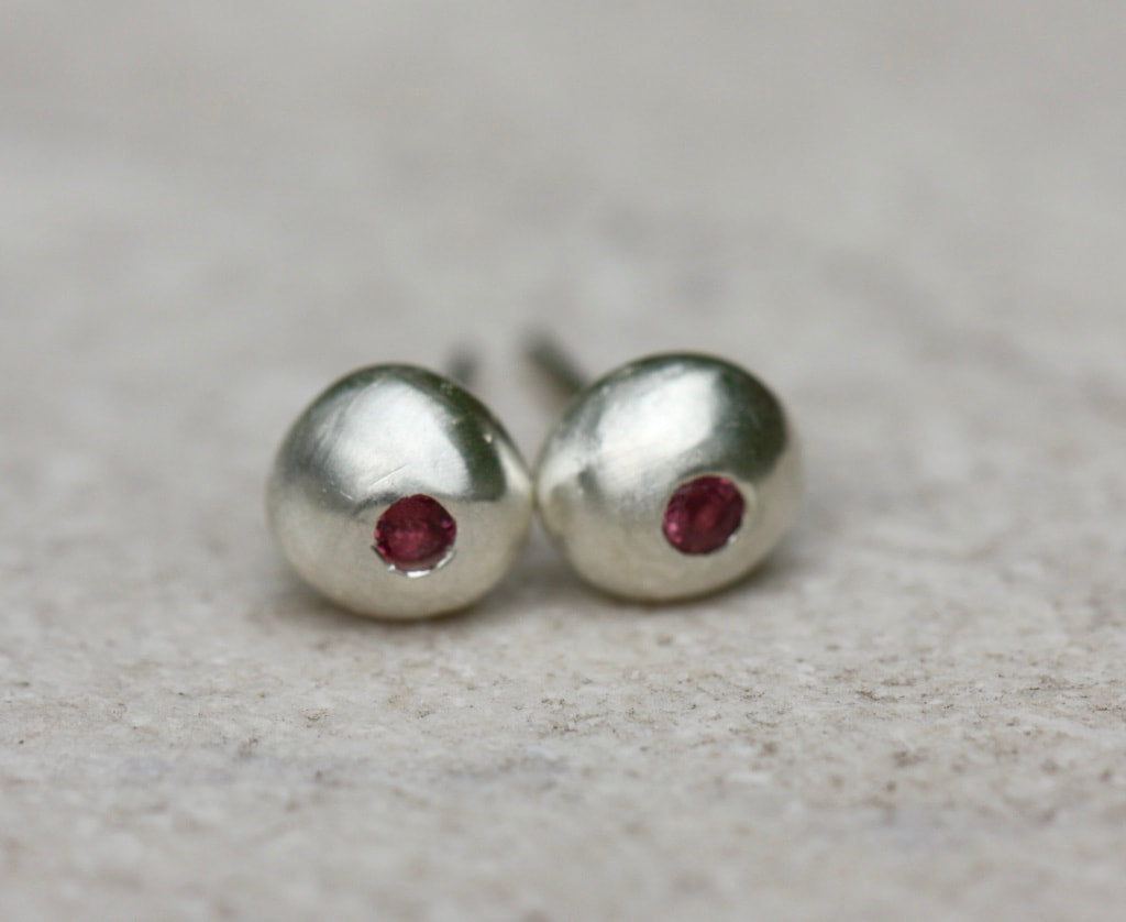 Recycled Silver Nugget and Pink Rubellite Tourmaline Stud Earrings, October Birthstone Earrings