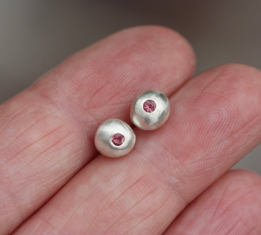 Recycled Silver Nugget and Pink Rubellite Tourmaline Stud Earrings, October Birthstone Earrings