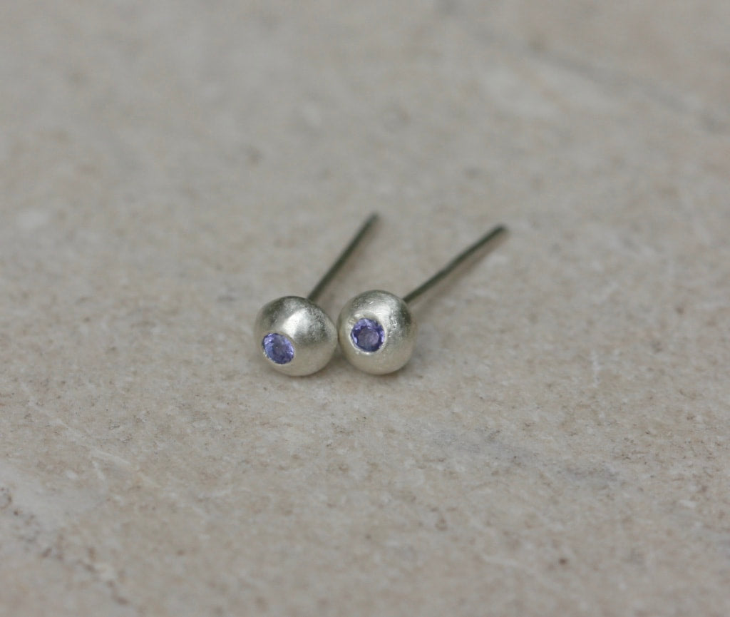 Recycled Silver Nugget and Tanzanite Stud Earrings