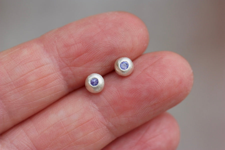 Recycled Silver Nugget and Tanzanite Stud Earrings