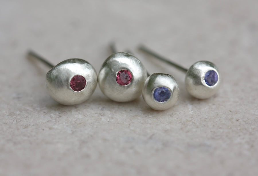 Recycled Silver Nugget and Tanzanite Stud Earrings