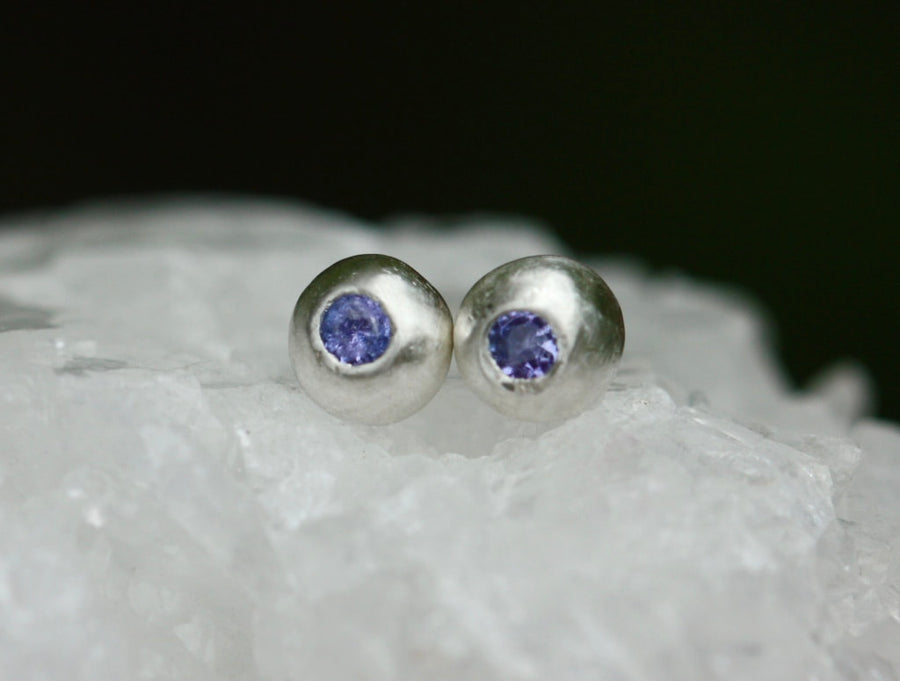 Recycled Silver Nugget and Tanzanite Stud Earrings