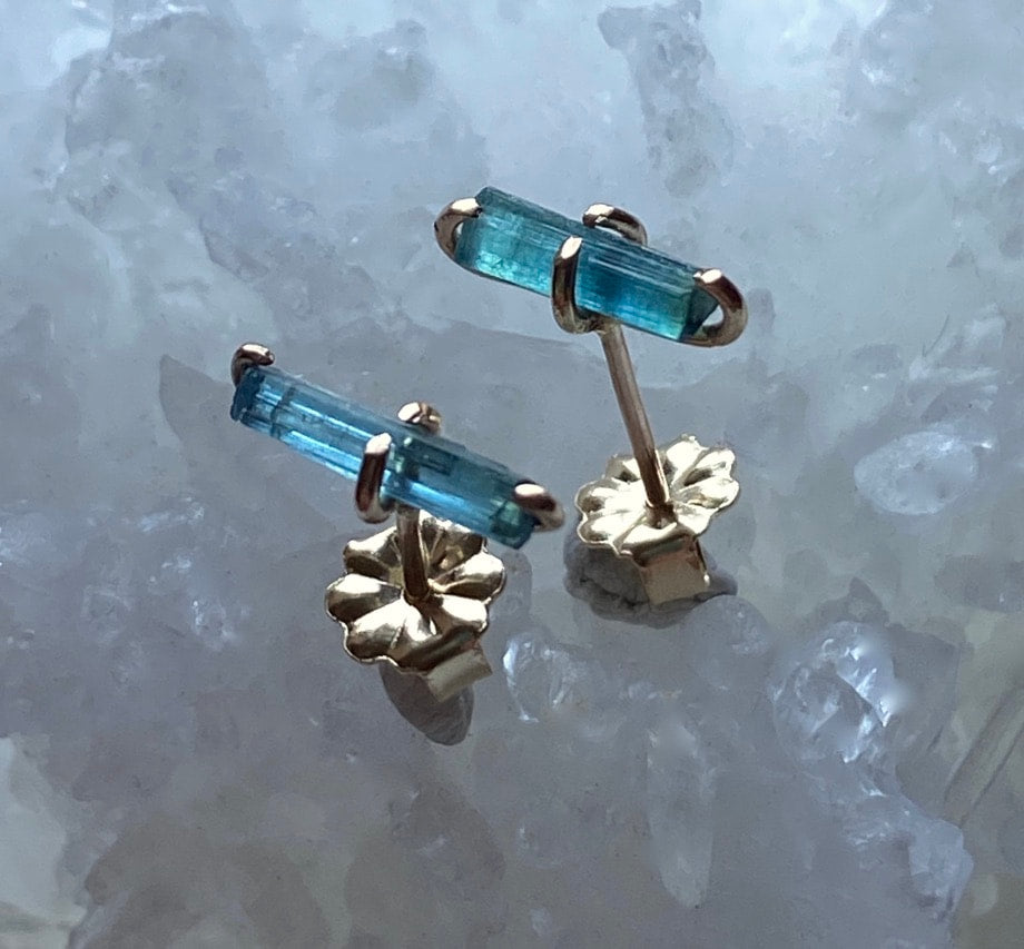 Raw Teal Blue Indicolite Tourmaline Stud Earrings, October Birthstone Earrings