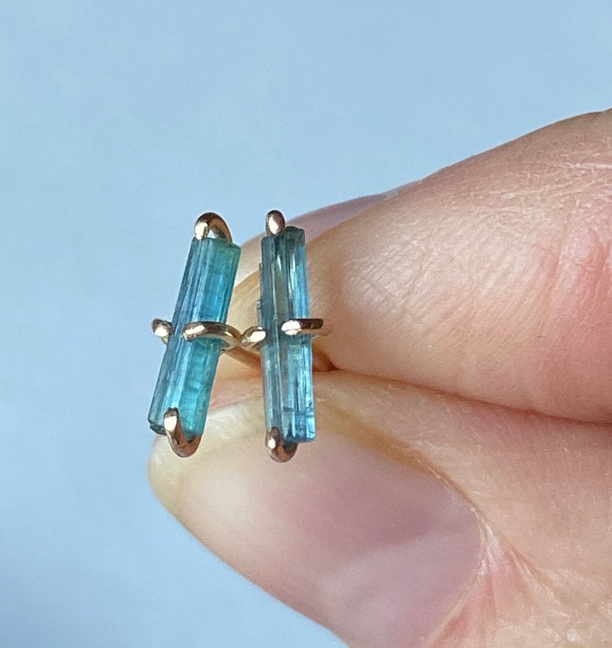 Raw Teal Blue Indicolite Tourmaline Stud Earrings, October Birthstone Earrings