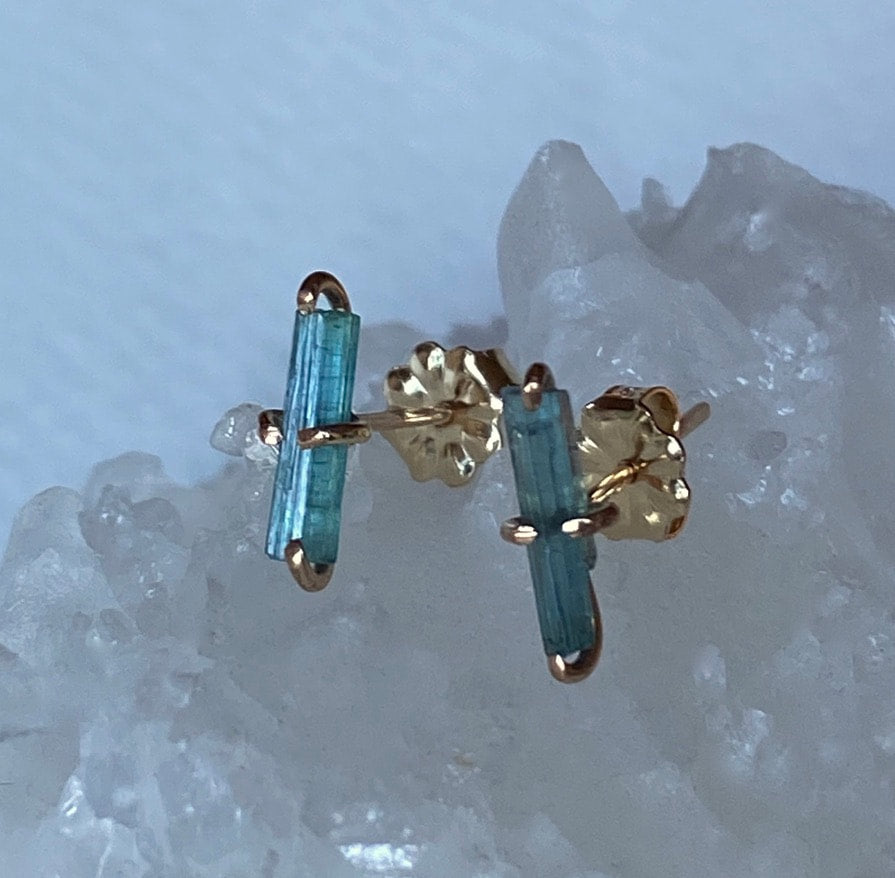 Raw Teal Blue Indicolite Tourmaline Stud Earrings, October Birthstone Earrings