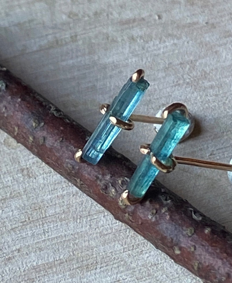 Raw Teal Blue Indicolite Tourmaline Stud Earrings, October Birthstone Earrings