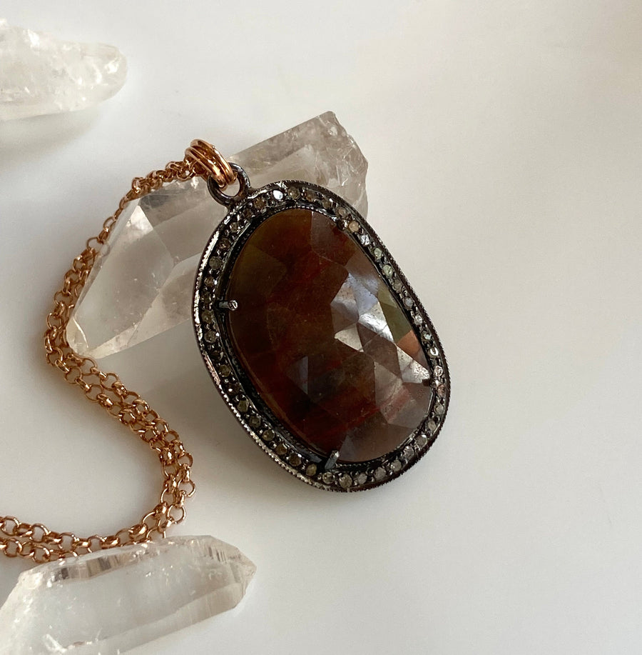 Large Brown Sapphire and Pave Diamond Pendant Necklace, September April Birthstone Pendant Necklace