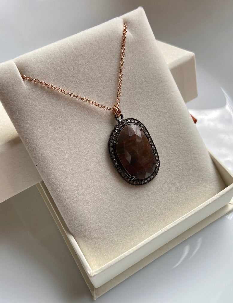 Large Brown Sapphire and Pave Diamond Pendant Necklace, September April Birthstone Pendant Necklace