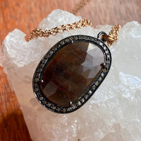 Large Brown Sapphire and Pave Diamond Pendant Necklace, September April Birthstone Pendant Necklace