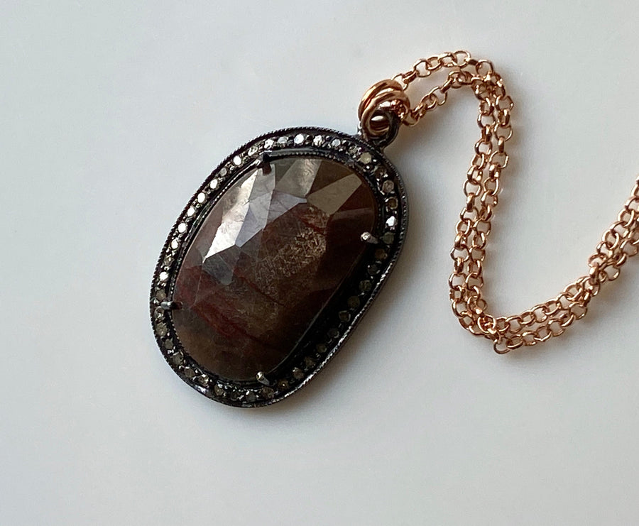 Large Brown Sapphire and Pave Diamond Pendant Necklace, September April Birthstone Pendant Necklace