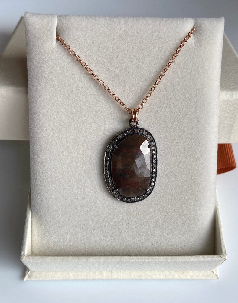 Large Brown Sapphire and Pave Diamond Pendant Necklace, September April Birthstone Pendant Necklace