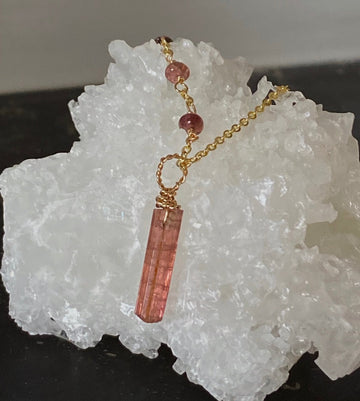 Raw Raspberry Pink Tourmaline Crystal Point Pendant Necklace, October Birthstone Necklace