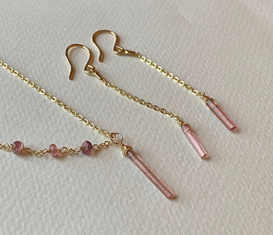 Raw Raspberry Pink Tourmaline Chain Earrings, October Birthstone Earrings