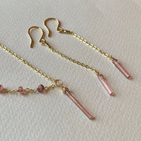 Raw Raspberry Pink Tourmaline Chain Earrings, October Birthstone Earrings