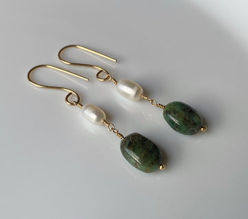 Long Raw Emerald and Pearl Earrings, May Birthstone Earrings