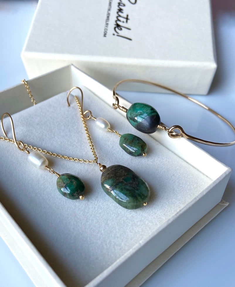 Long Raw Emerald and Pearl Earrings, May Birthstone Earrings