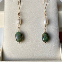 Long Raw Emerald and Pearl Earrings, May Birthstone Earrings