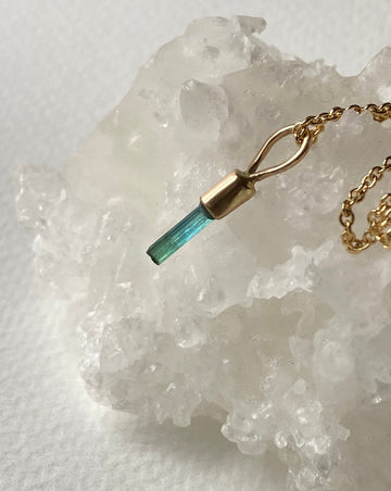 Raw Blue Green Indicolite / Paraiba Tourmaline Pendant Necklace, October Birthstone Pendant Necklace, 14k Gold