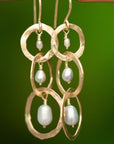 Long Hammered 3 Hoop Earrings with Freshwater Pearls