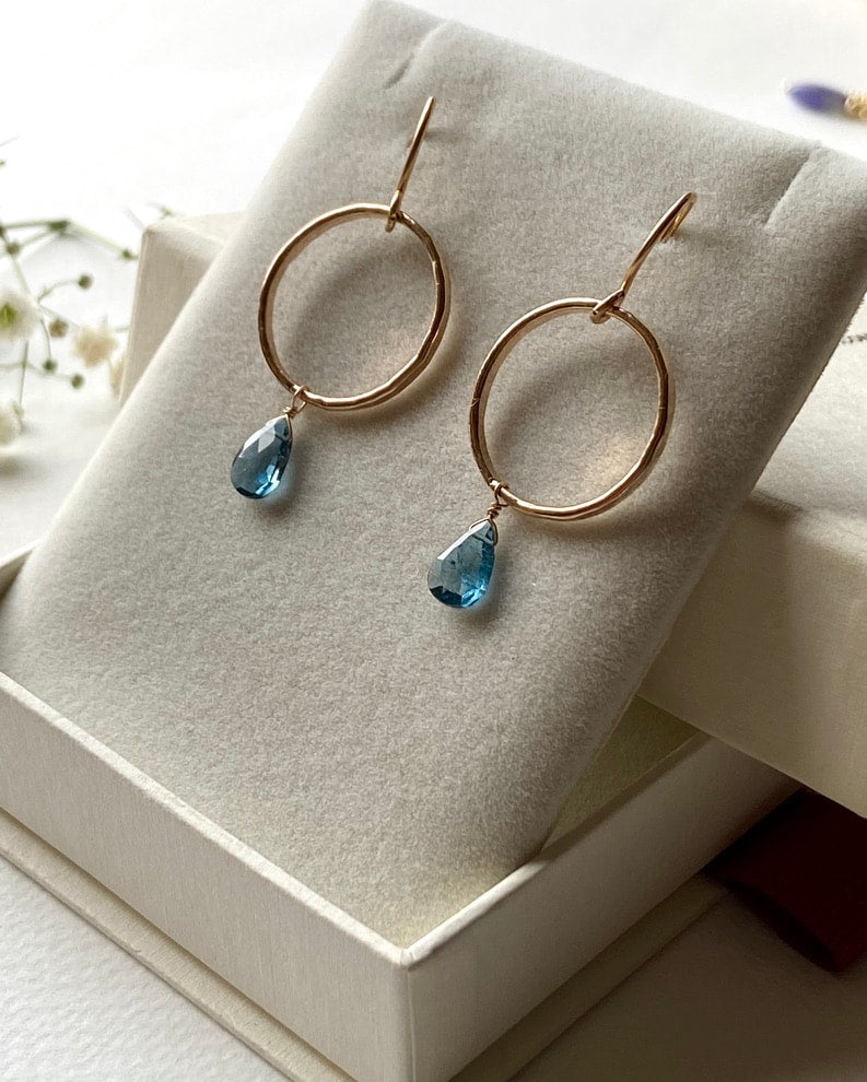 London Blue Topaz Textured Hoop Earrings, November Birthstone Earrings
