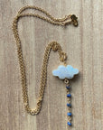 Rainbow Moonstone Cloud and Denim Blue Sapphire Pendant Necklace