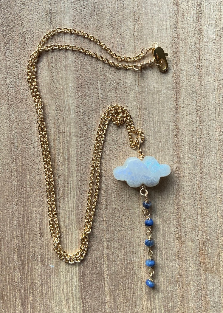 Rainbow Moonstone Cloud and Denim Blue Sapphire Pendant Necklace
