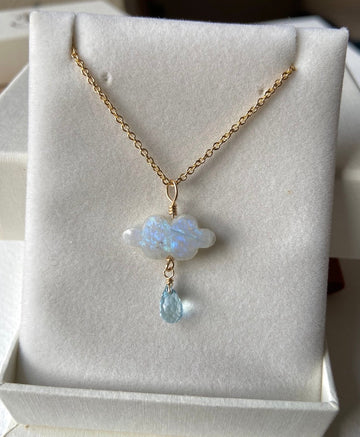 Rainbow Moonstone Cloud and Sky Blue Topaz Pendant Necklace