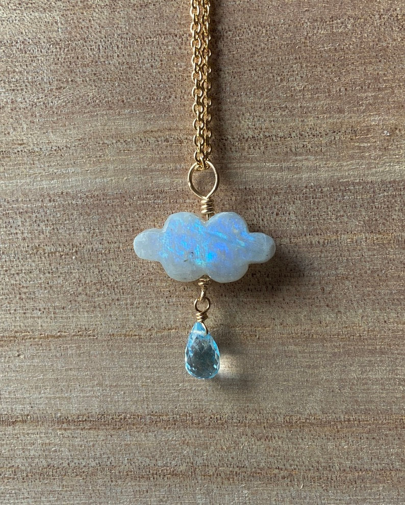 Rainbow Moonstone Cloud and Sky Blue Topaz Pendant Necklace
