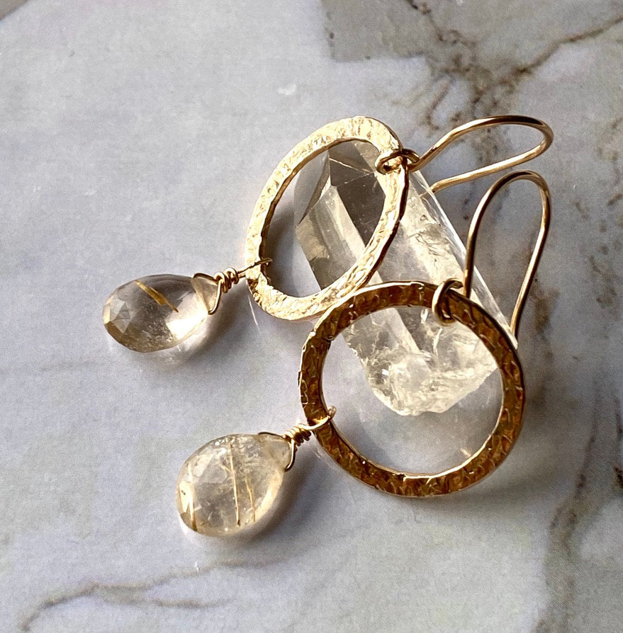 Textured Hoop Earrings with Golden Rutilated Quartz