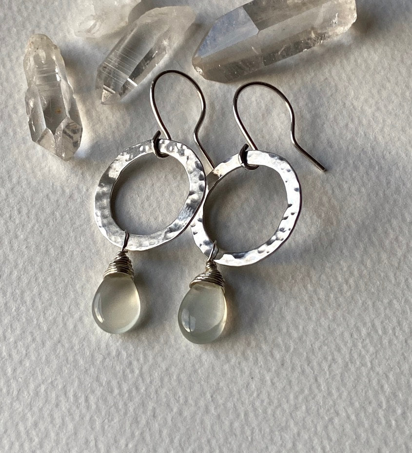 Textured Silver Hoop Earrings with Sri Lankan Moonstone