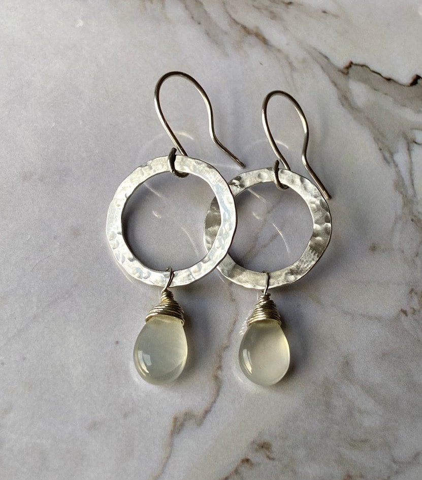 Textured Silver Hoop Earrings with Sri Lankan Moonstone